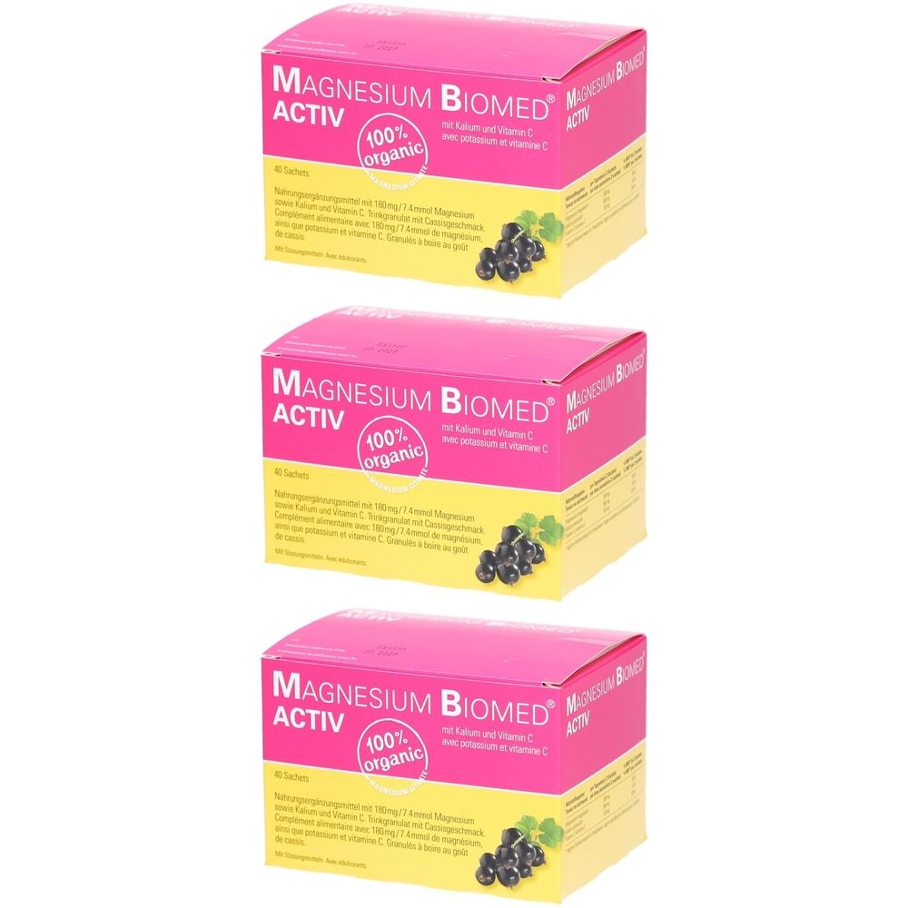 Trois boîtes de Magnesium Biomed Activ. Emballage rose avec nom et logo du produit. Illustration de cassis.