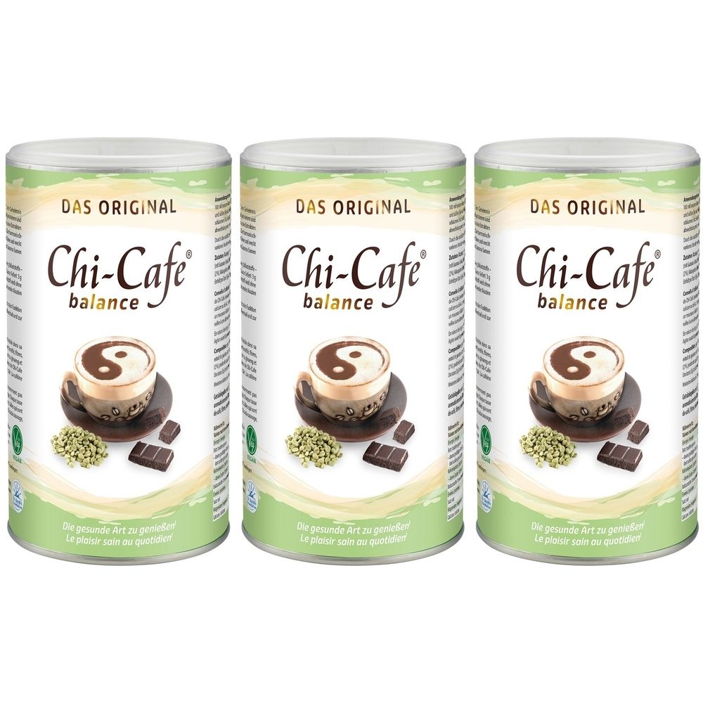 Trois boîtes de Chi-Cafe balance. Chaque boîte affiche le logo et un symbole Yin-Yang dans une tasse à café. Vert et marron.