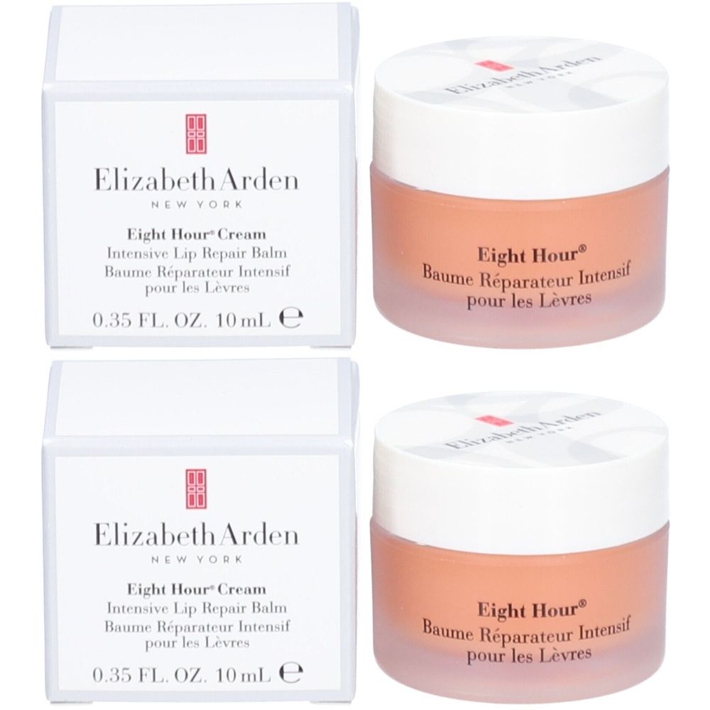 Deux pots et deux boîtes. Sur les pots, "Eight Hour Baume Réparateur Intensif pour les Lèvres". Sur les boîtes, "Elizabeth Arden".