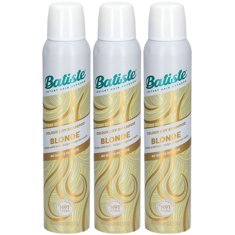 Trois bouteilles de shampooing sec. Emballage blanc et doré avec le texte "Batiste" et "Blonde".