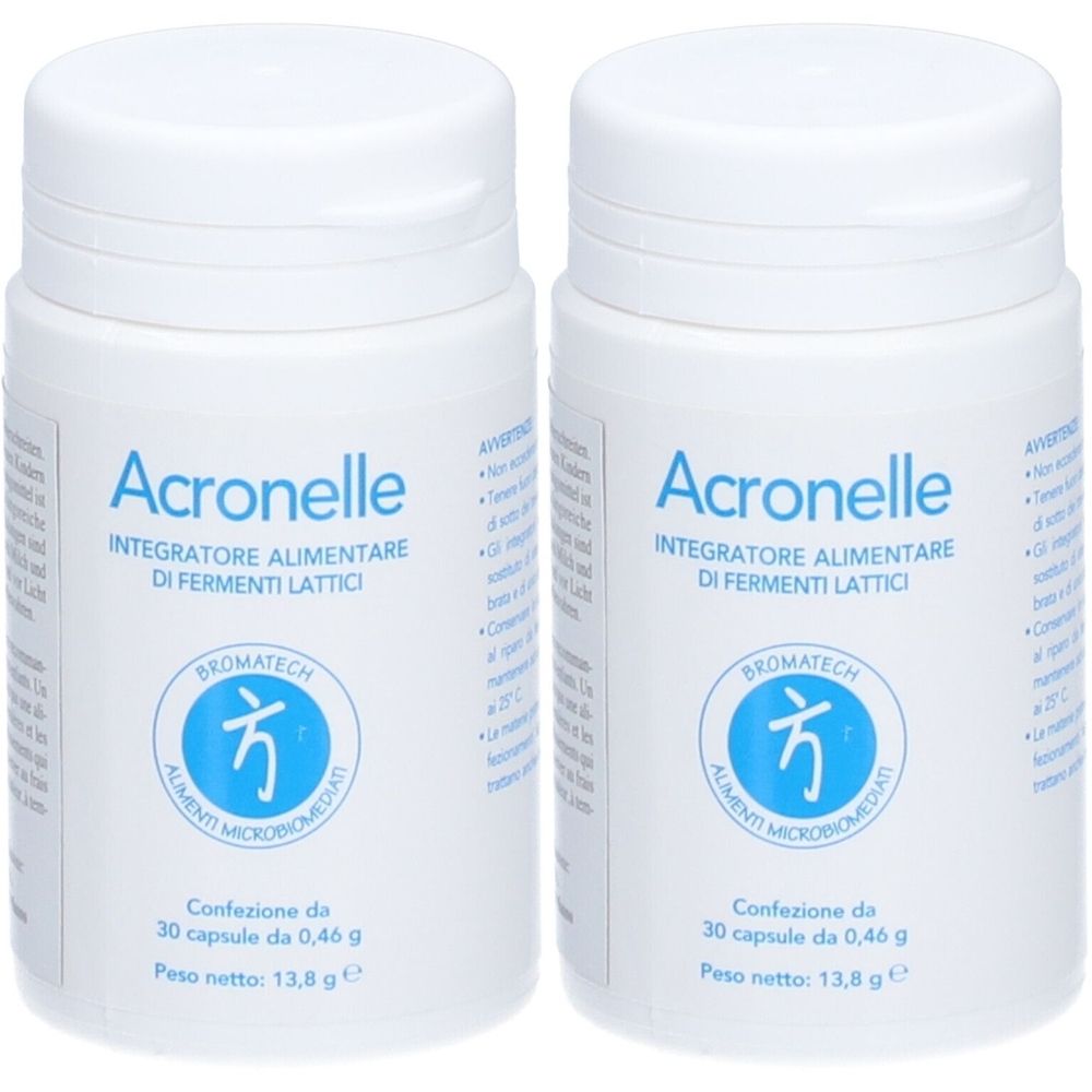 Deux flacons blancs avec étiquette bleue. Inscription : Acronelle, complément alimentaire à base de ferments lactiques. Marque Bromatech.
