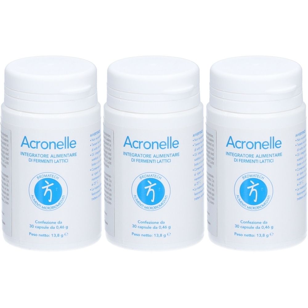 Trois flacons blancs avec bouchons à vis. Chaque flacon porte l'inscription "Acronelle" et "Integratore Alimentare di Fermenti Lattici".