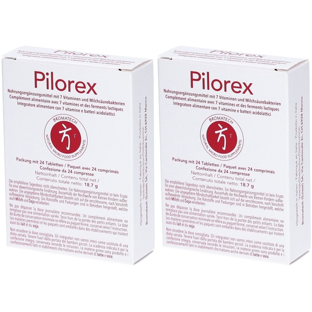 Deux boîtes blanches "Pilorex". Logo et texte multilingue. Contenu : 24 comprimés. Marque : Bromatech.