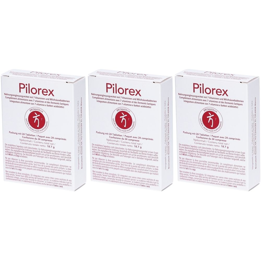 Trois boîtes blanches avec le nom "Pilorex". Chaque boîte a un logo rouge et du texte. Emballage de 24 comprimés.