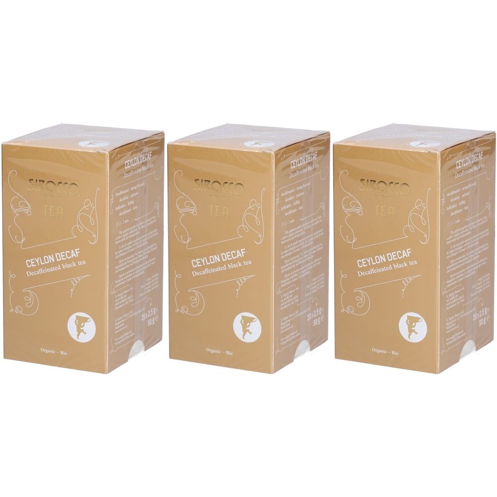 Trois boîtes dorées avec l'inscription "CEYLON DECAF". En haut, "Sirocco Tea". Logo avec une figure.