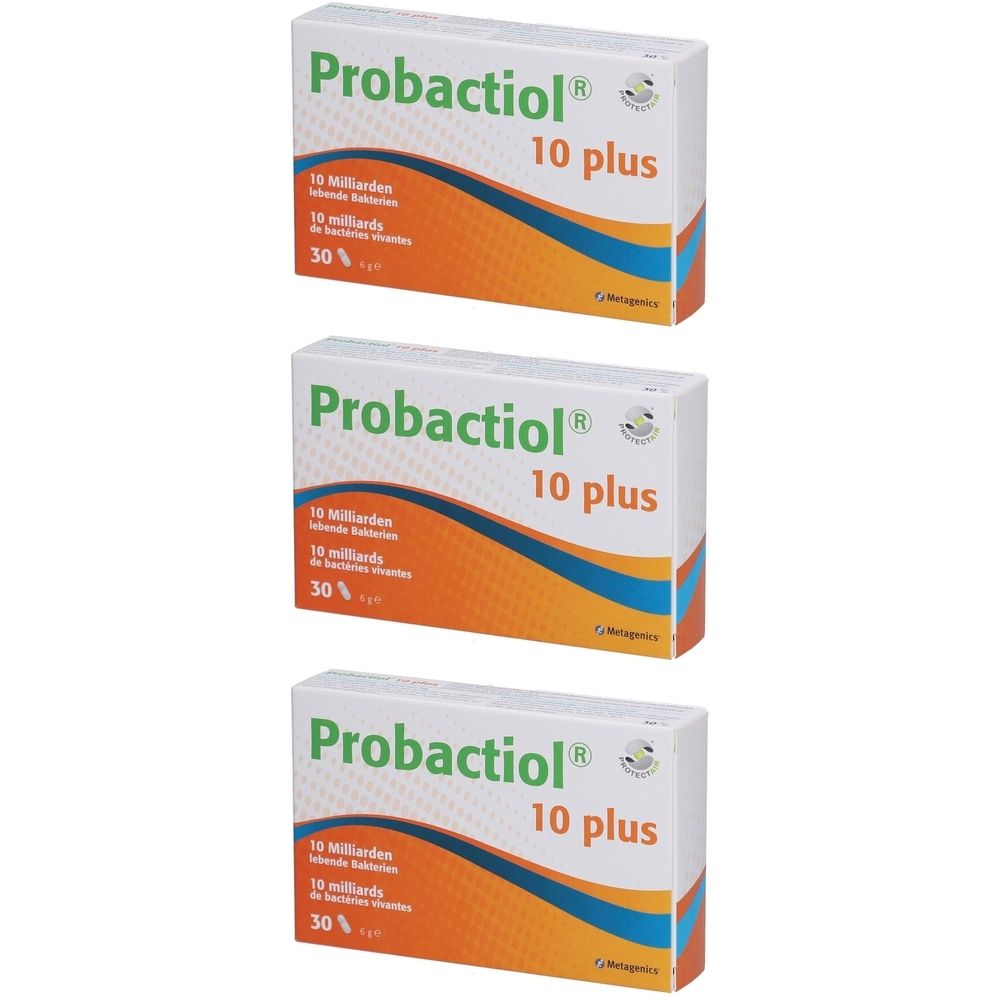 Trois boîtes de Probactiol 10 plus. Chaque boîte indique 10 milliards de bactéries vivantes et 30 %.
