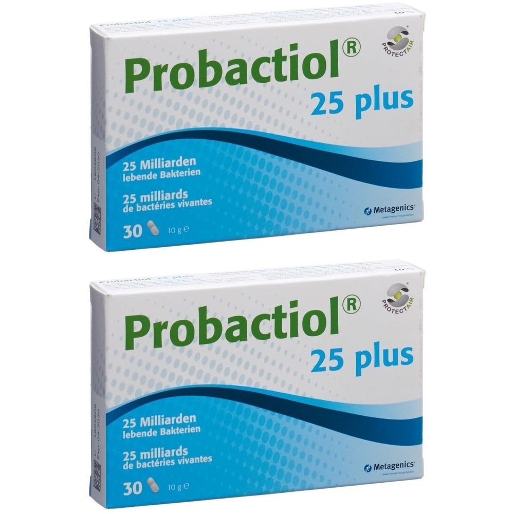 Deux boîtes de Probactiol 25 plus. Emballage blanc avec motif bleu. Texte : 25 milliards de bactéries vivantes, 30 comprimés.