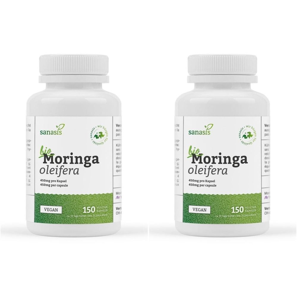 Deux flacons blancs de Sanasis Bio Moringa oleifera. Inscription : Vegan, 150 gélules. Bande verte.
