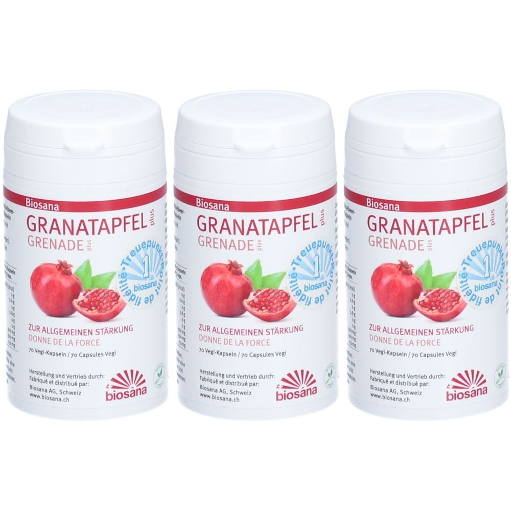 Trois flacons blancs avec étiquettes. Sur les étiquettes : illustration de grenade, texte "GRANATAPFEL", "ZUR ALLGEMEINEN STÄRKUNG" et "biosana".
