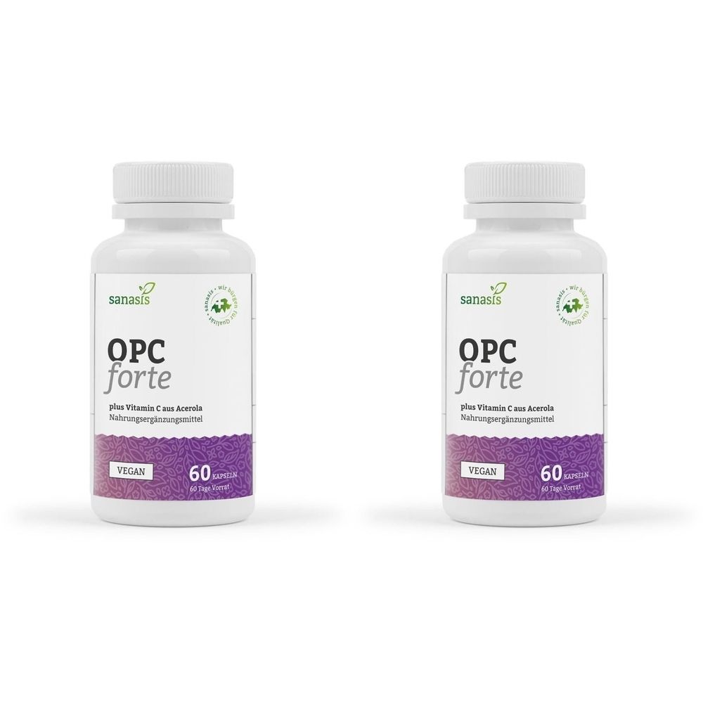 Deux flacons blancs avec étiquettes. Les étiquettes indiquent "OPC forte" et "60 capsules".