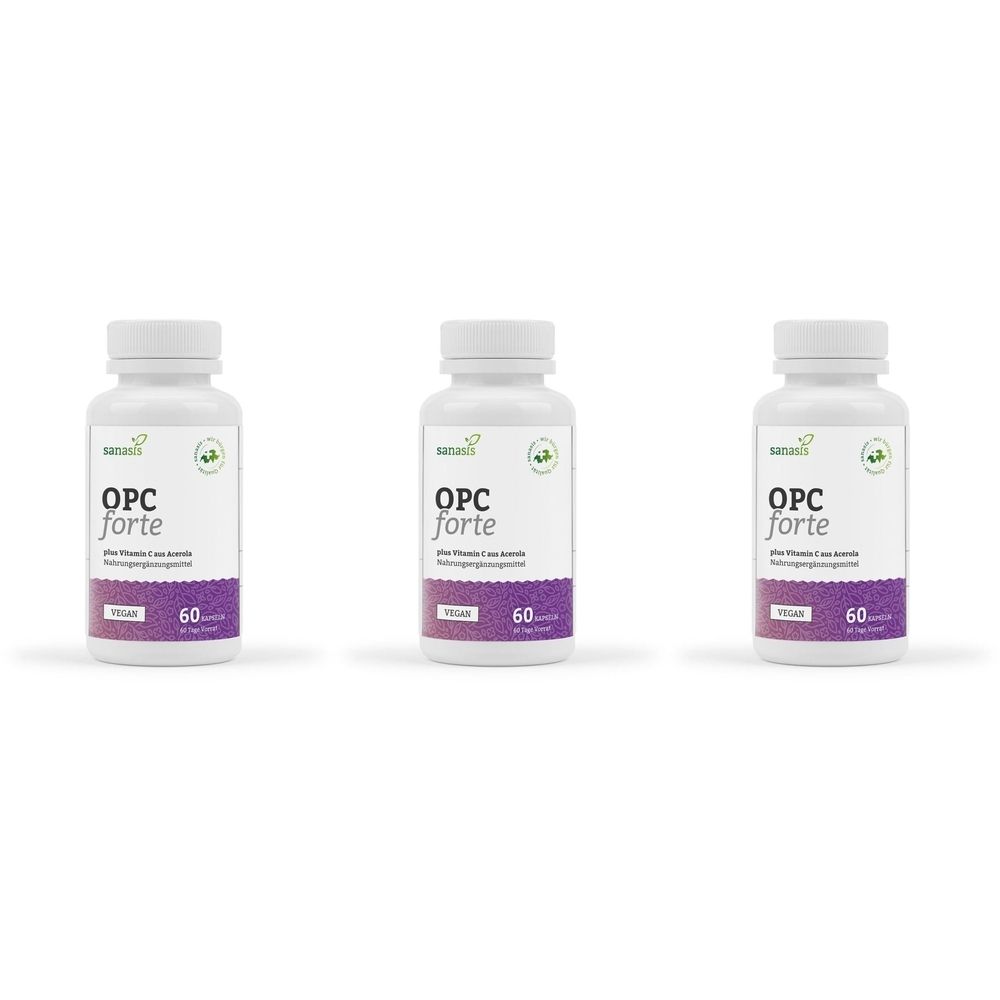 Trois flacons blancs avec l'étiquette "OPC forte". Chaque flacon contient 60 gélules. Un logo vert est visible sur l'étiquette.