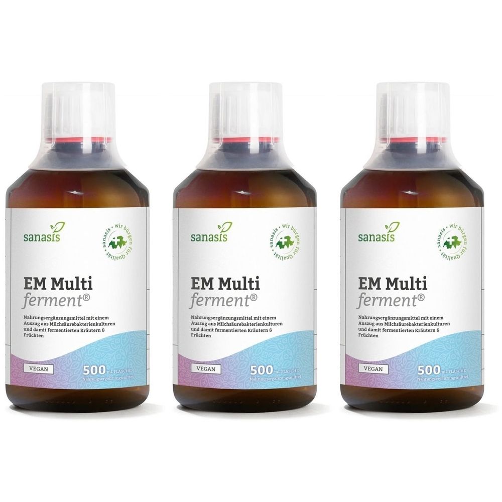 Trois flacons de SANASIS EM Multi ferment®. Liquide brun dans des bouteilles en verre avec étiquette blanche. Label végan.