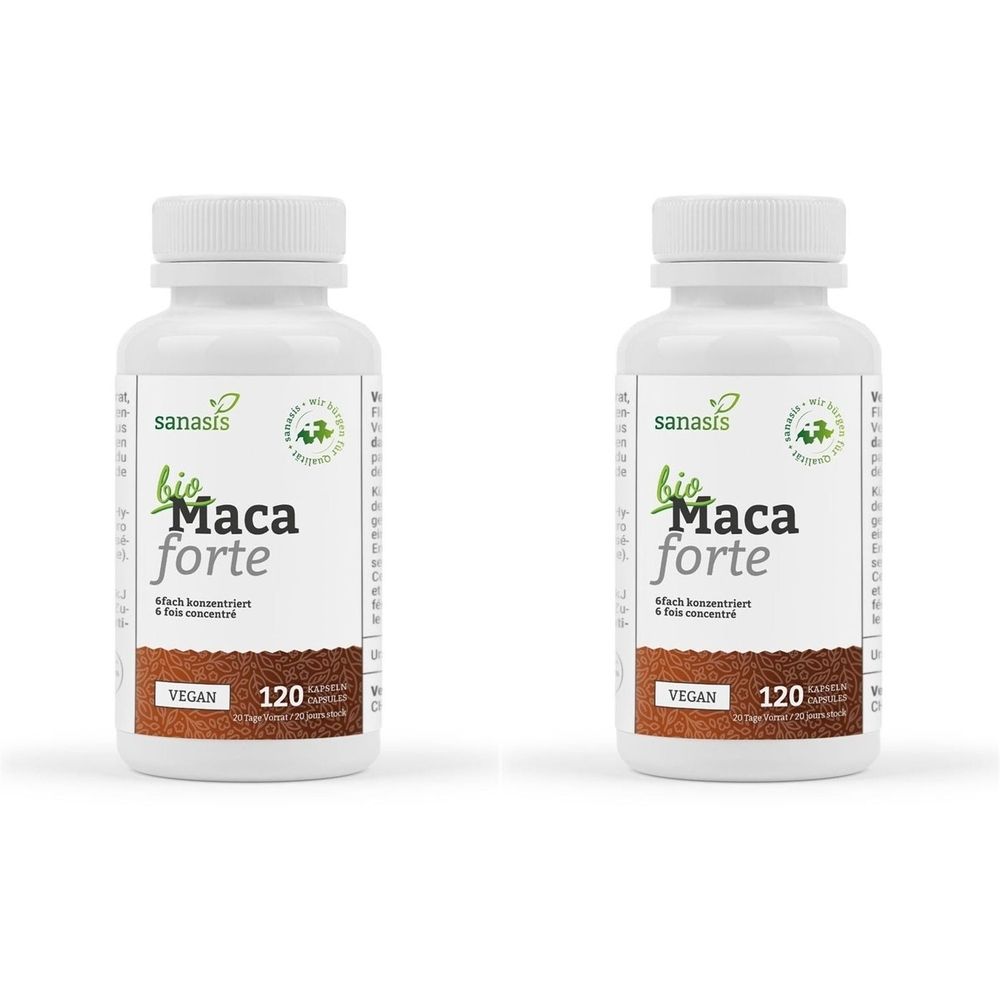 Deux flacons blancs de gélules. Inscription : bio Maca forte, vegan, 120 gélules. Marque : sanasis.