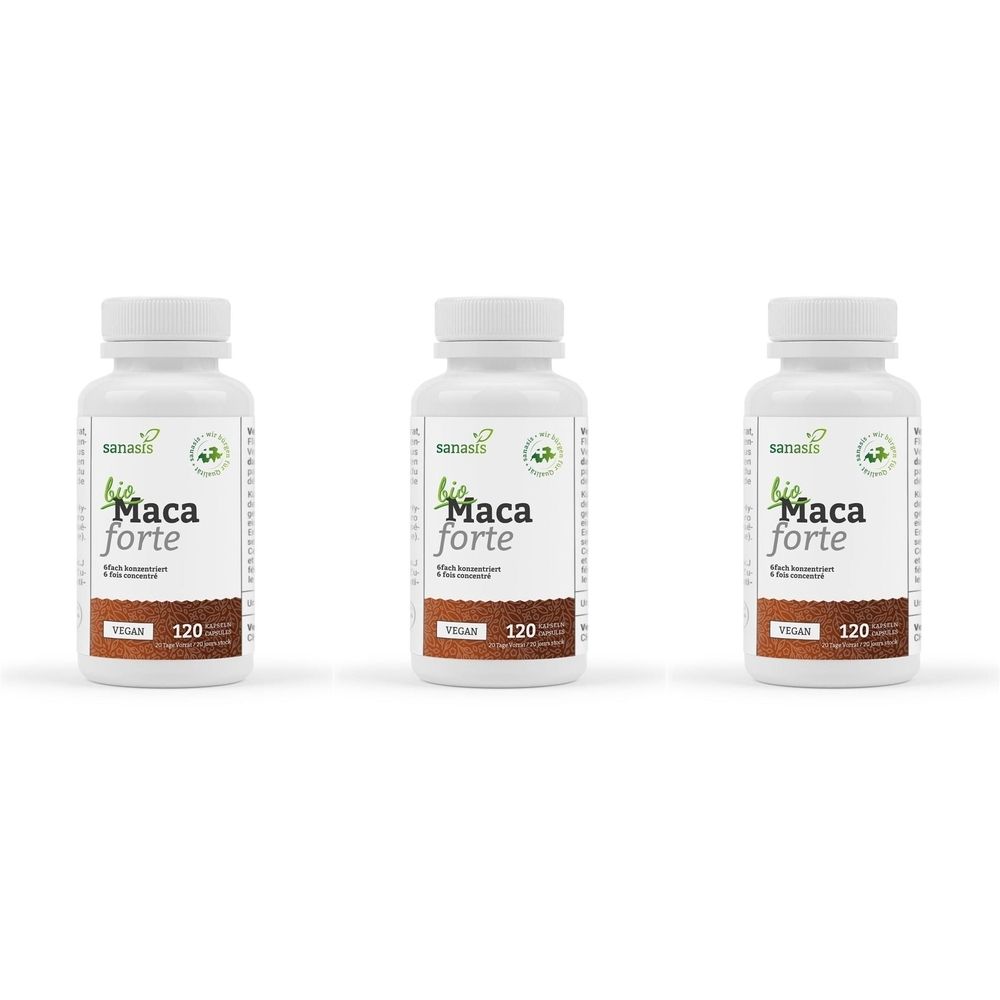 Trois flacons blancs avec bouchons à vis. Chaque flacon porte l'inscription "Maca Forte bio" et le nombre "120".