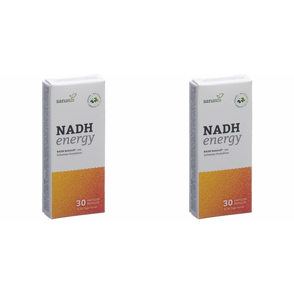 Deux boîtes de SANASIS NADH energy. Emballage blanc avec dégradé orange. Inscription : NADH energy, 30 comprimés.