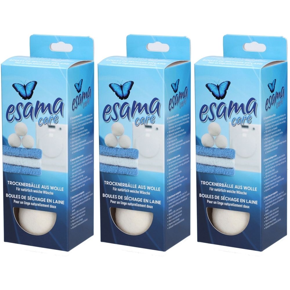 Trois boîtes de produit. Chaque boîte présente le logo "esama care" et des boules de séchage en laine.