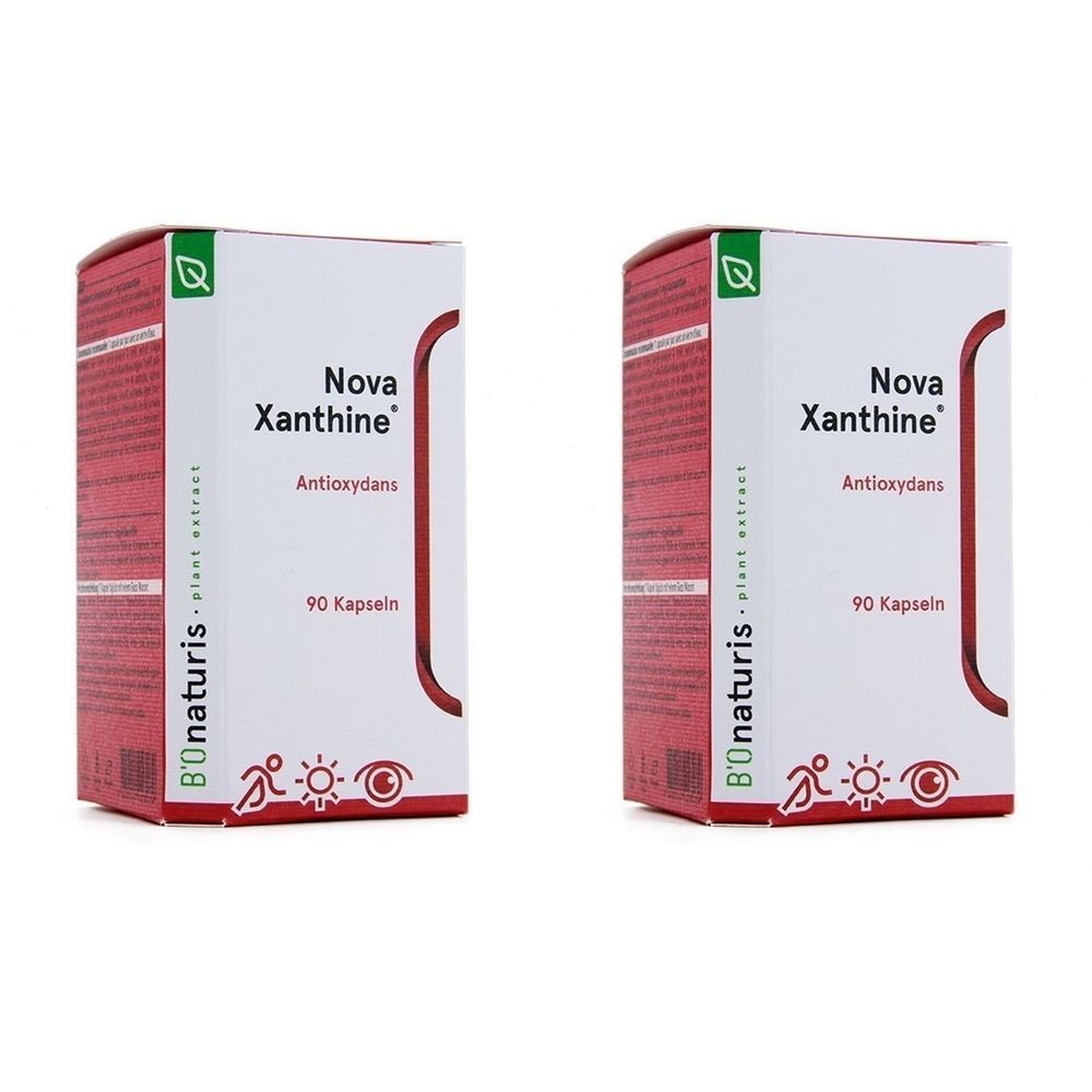 Deux boîtes de "Nova Xanthine" antioxydants. Inscription: 90 gélules. Marque: B'Onaturis.