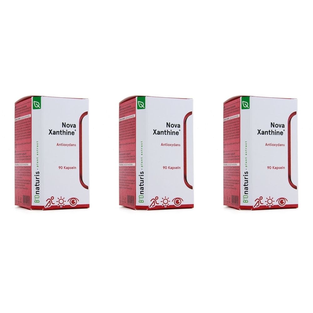 Trois boîtes rectangulaires avec texte rouge et blanc. Inscription : Nova Xanthine, Antioxidantien, 90 Kapseln. Logo : Naturis.