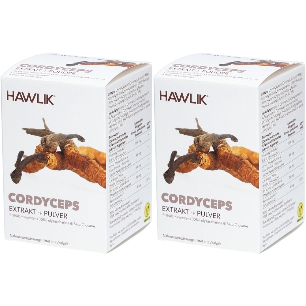 Deux boîtes blanches avec "HAWLIK" et "CORDYCEPS Extrakt + Pulver". Illustration de champignon Cordyceps.
