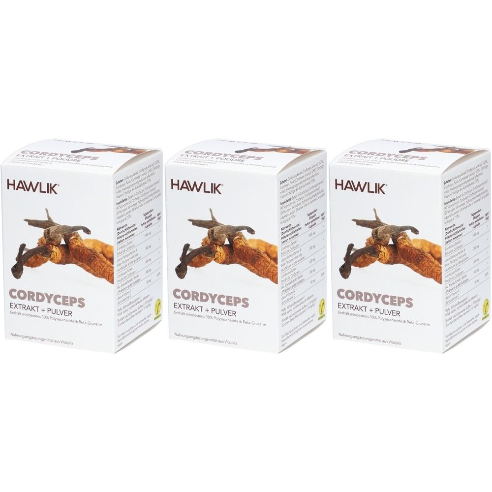 Trois boîtes blanches avec l'inscription HAWLIK CORDYCEPS EXTRAKT + PULVER. Illustration de champignon.