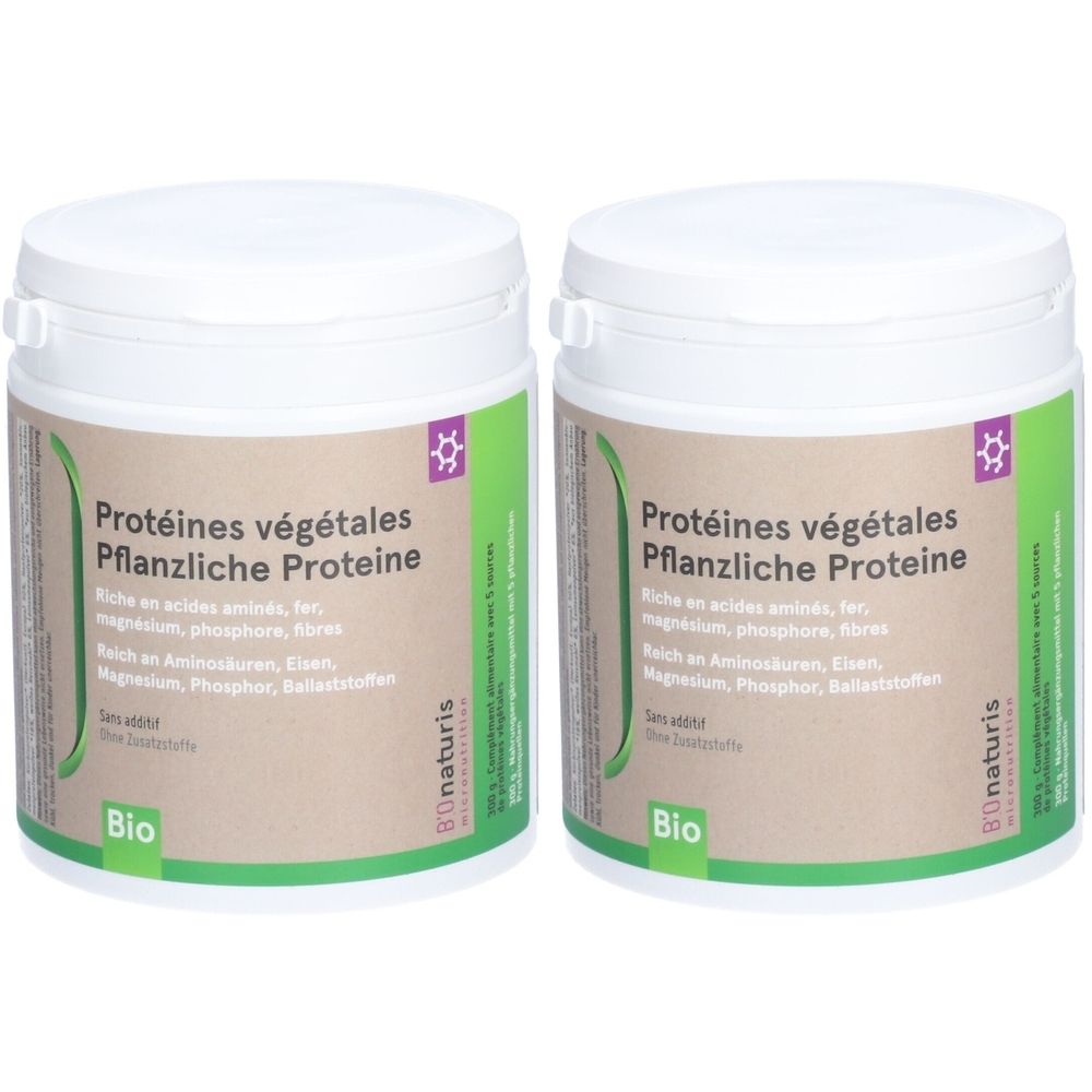 Deux pots blancs avec couvercles. Inscription : Protéines végétales, Bio. Marque : Bionaturis.