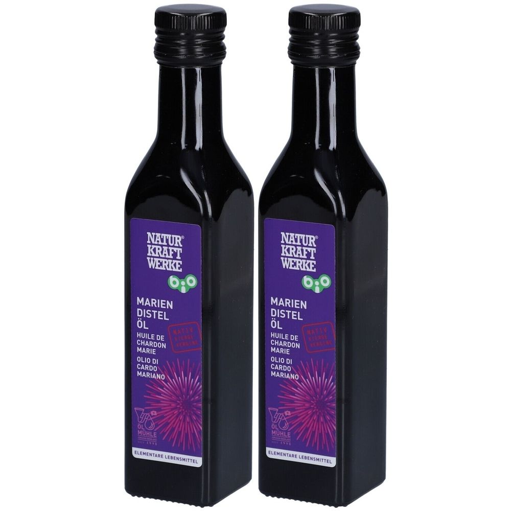 Deux bouteilles noires avec étiquettes violettes. Inscription: NATUR KRAFT WERKE, Mariendistel Öl, Huile de chardon Marie, Olio di cardo mariano.