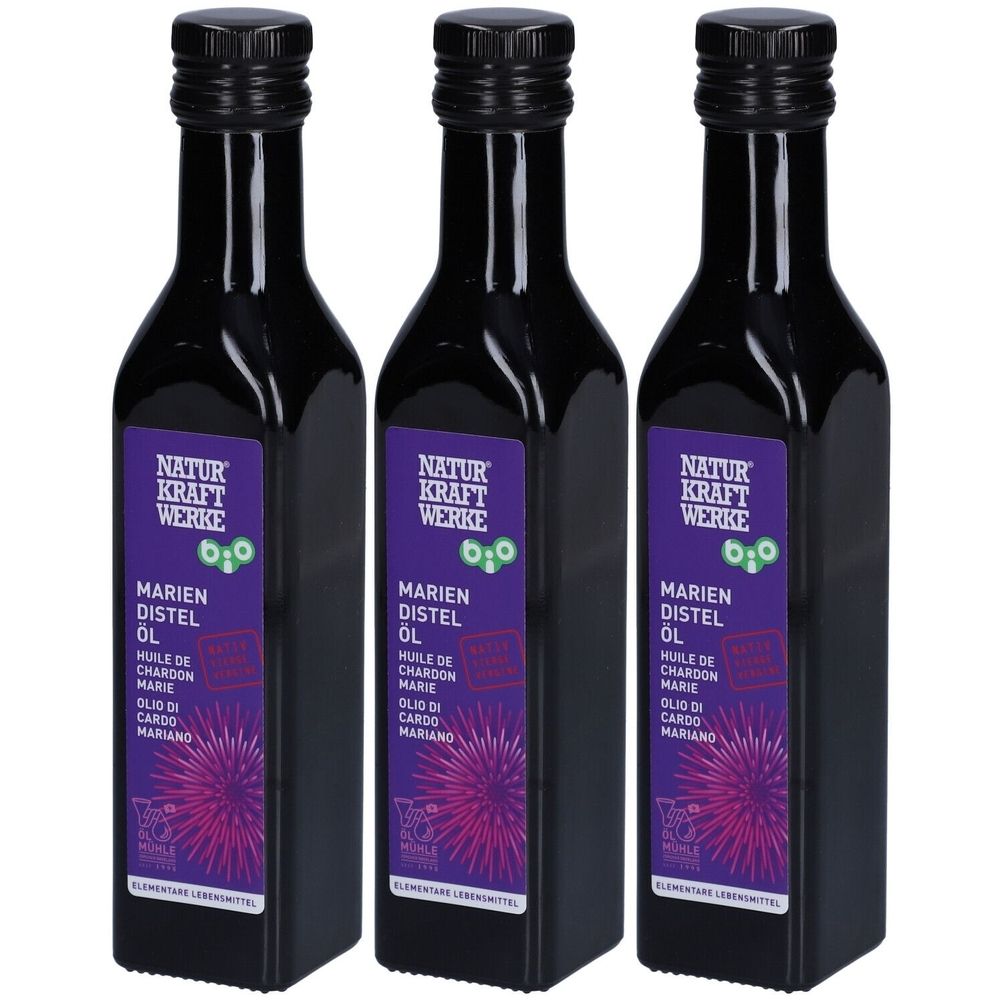 Trois bouteilles d'huile de chardon-Marie avec des bouchons noirs et des étiquettes. Inscription: NATUR KRAFT WERKE, Huile de chardon Marie, bio.