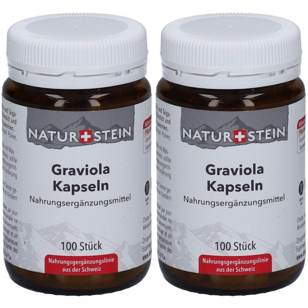 Deux flacons avec couvercles blancs. Inscription: NATUR + STEIN, Graviola Kapseln, complément alimentaire, 100 pièces. Fabriqué en Suisse.