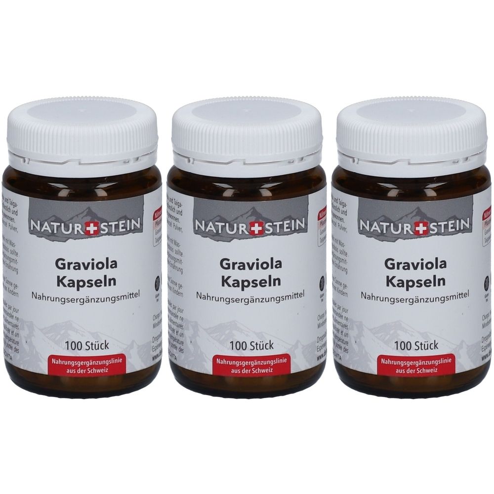Trois flacons bruns avec des couvercles blancs. L'étiquette indique "NATUR+STEIN Graviola Kapseln Nahrungsergänzungsmittel".