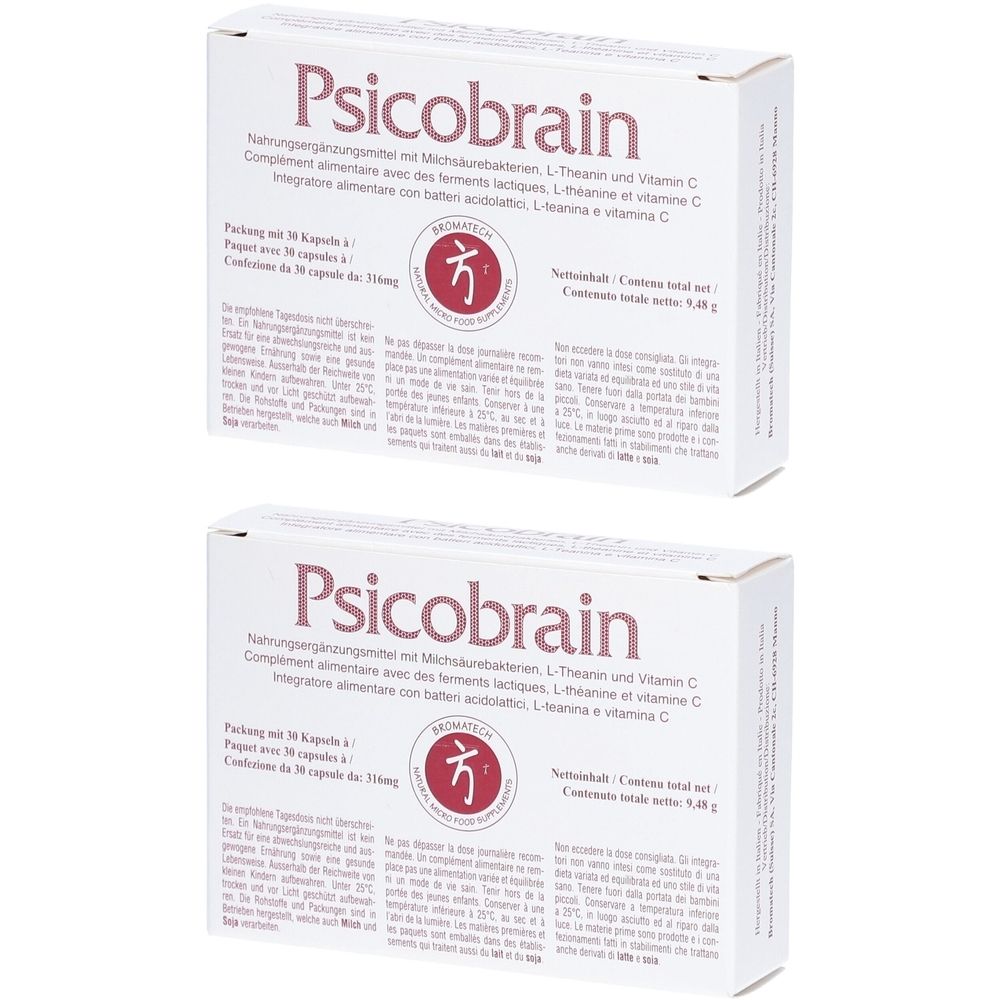 Deux boîtes blanches avec le mot "Psicobrain". Chaque boîte contient des informations et un logo.