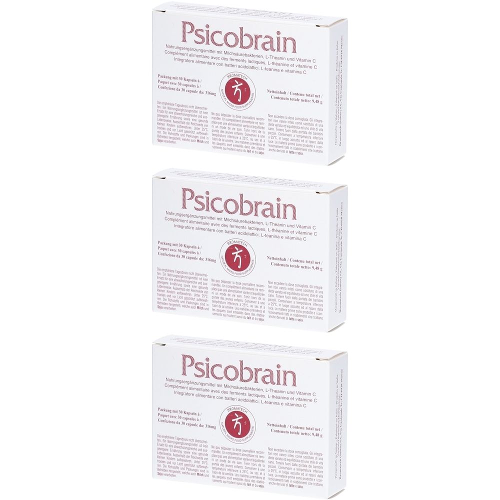 Trois boîtes "Psicobrain". Emballage blanc avec texte et logo rouges. Texte en plusieurs langues.