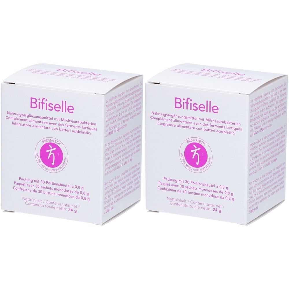 Deux boîtes blanches "Bifiselle". Logo et texte roses. Complément alimentaire avec bactéries lactiques.