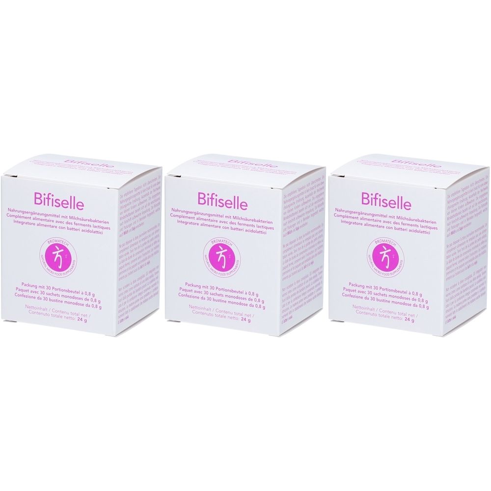 Trois boîtes blanches "Bifiselle". Chaque boîte présente un logo rose et du texte en plusieurs langues.