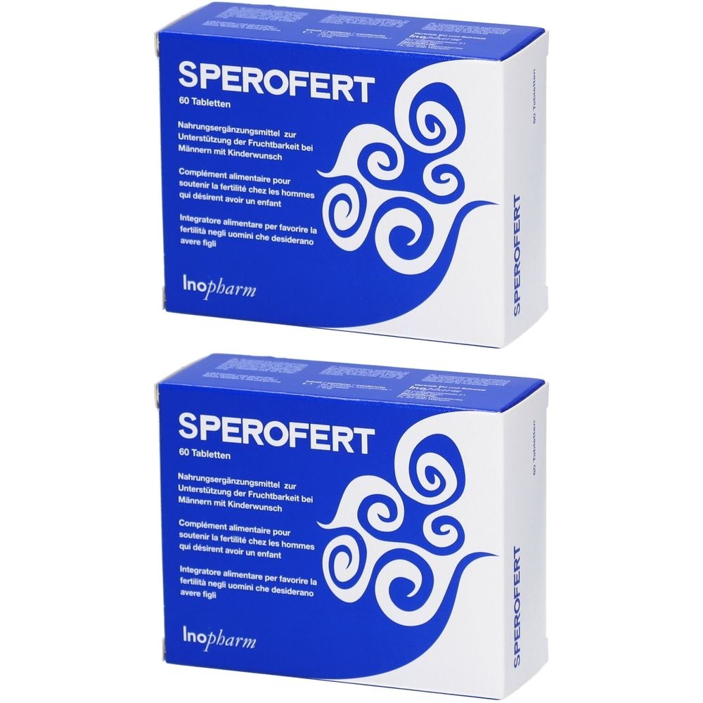Deux boîtes de Sperofert. Emballage bleu et blanc avec nom et texte du produit. Logo Inopharm en bas à gauche.