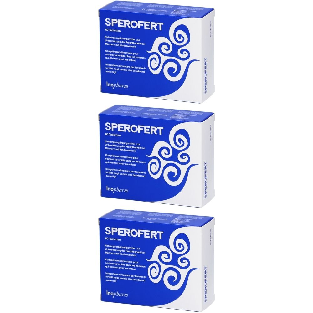 Trois boîtes de Sperofert. Texte et motif bleus sur fond blanc. Logo Inpharm en bas.