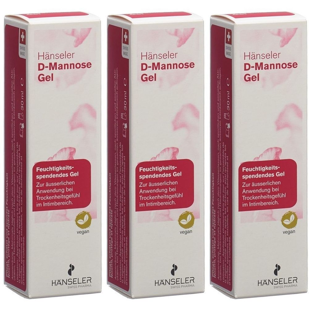 Trois boîtes de gel Hänseler D-Mannose. Boîtes blanches avec texte et logo rouges. Texte : Gel hydratant, vegan.