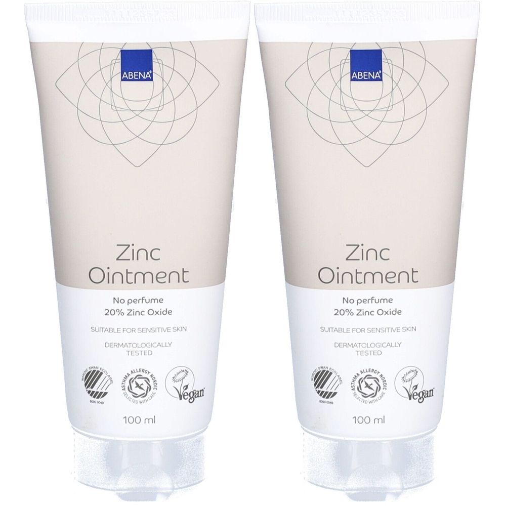 Deux tubes de pommade au zinc. Inscription : ABENA, Zinc Ointment, 20% oxyde de zinc, testé dermatologiquement, vegan. 100 ml.