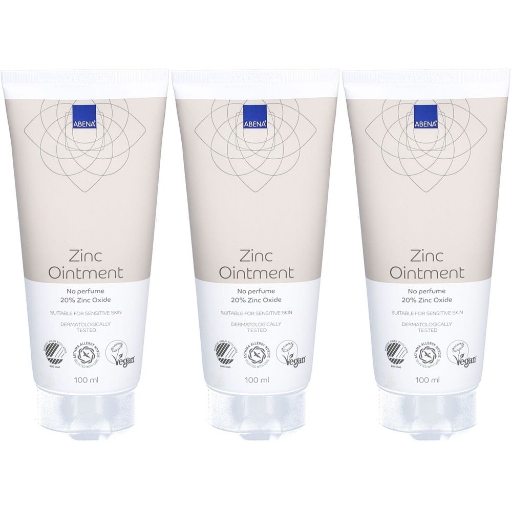 Trois tubes de pommade au zinc. Chaque tube porte l'inscription "Zinc Ointment", "No perfume", "20% Zinc Oxide". "100 ml" est en bas.
