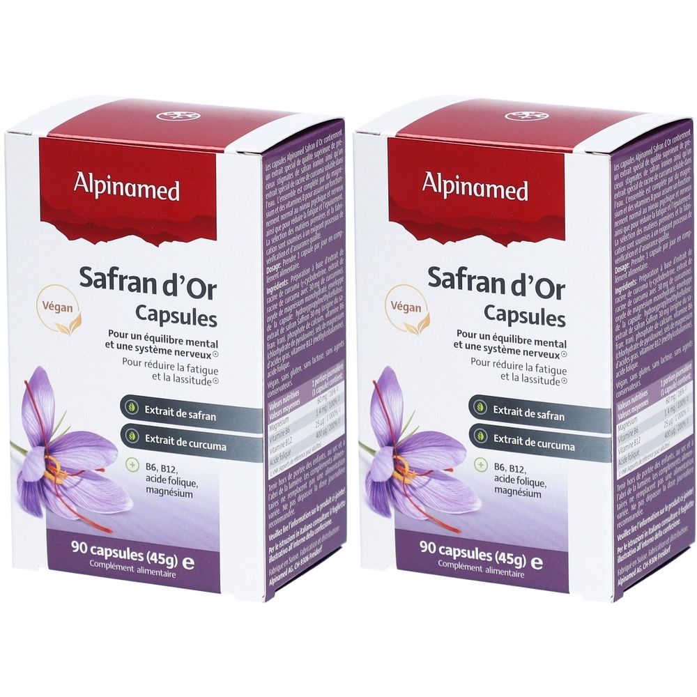 Deux boîtes de capsules Alpinamed Safran d'Or. Emballage blanc avec accents violets. Contient 90 capsules. Vegan.