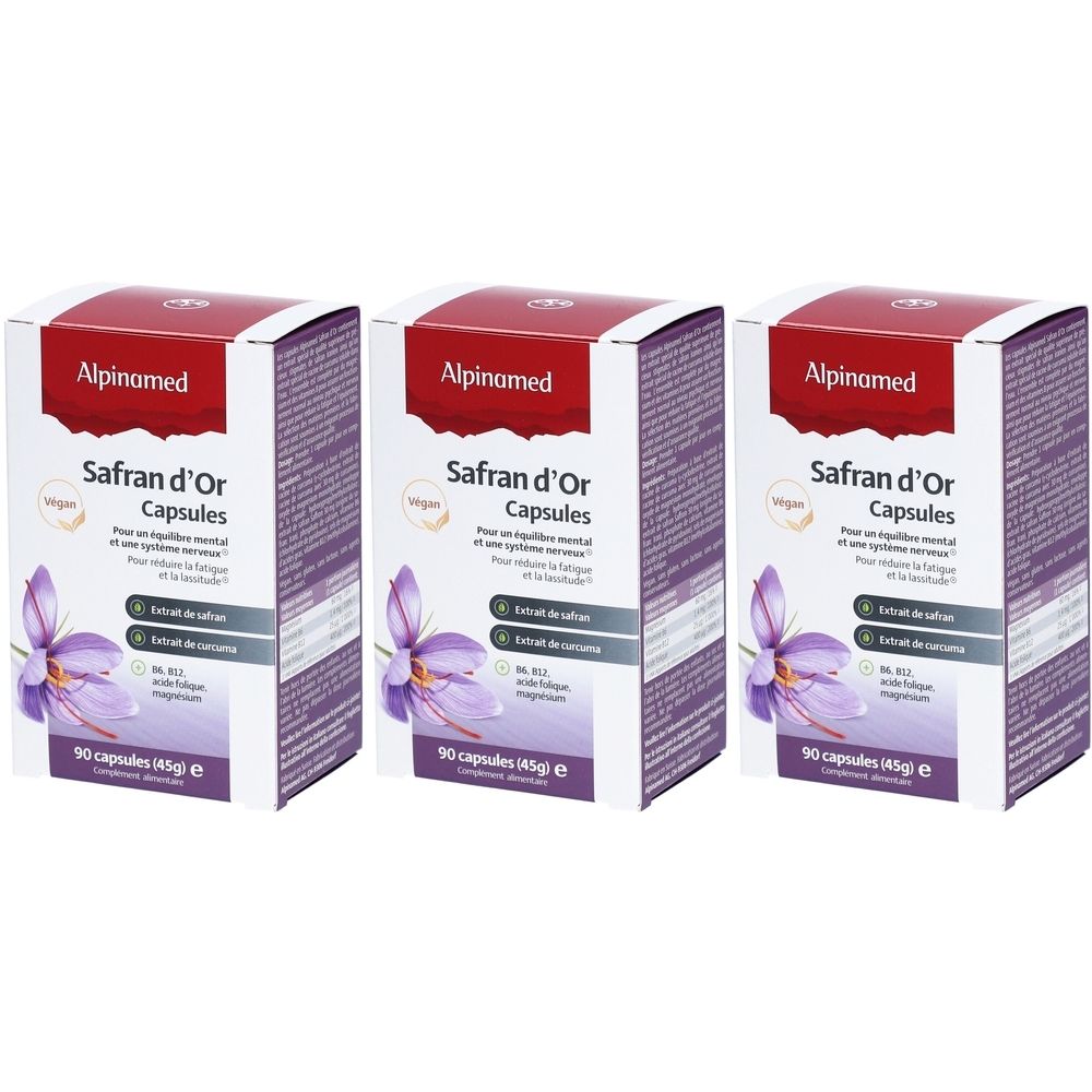 Trois boîtes de "Alpinamed Safran d'Or Capsules". Emballage rouge et blanc avec nom du produit, fleur de safran et informations.