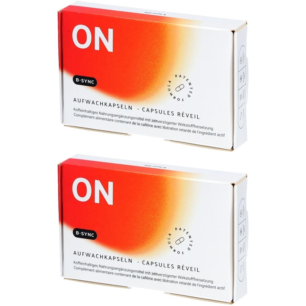 Deux boîtes blanches avec un design rouge et orange. Inscriptions "ON", "B-SYNC" et "AUFWACHKAPSELN - CAPSULES RÉVEIL".
