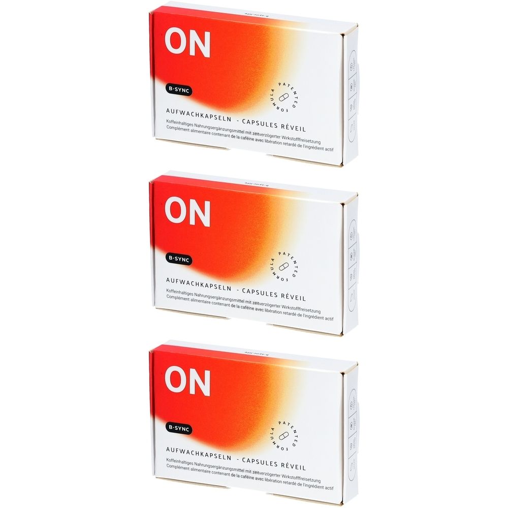 Trois boîtes blanches avec un design rouge et orange. Inscription "ON" et "B-SYNC". Texte : Aufwachkapseln - Capsules Réveil.