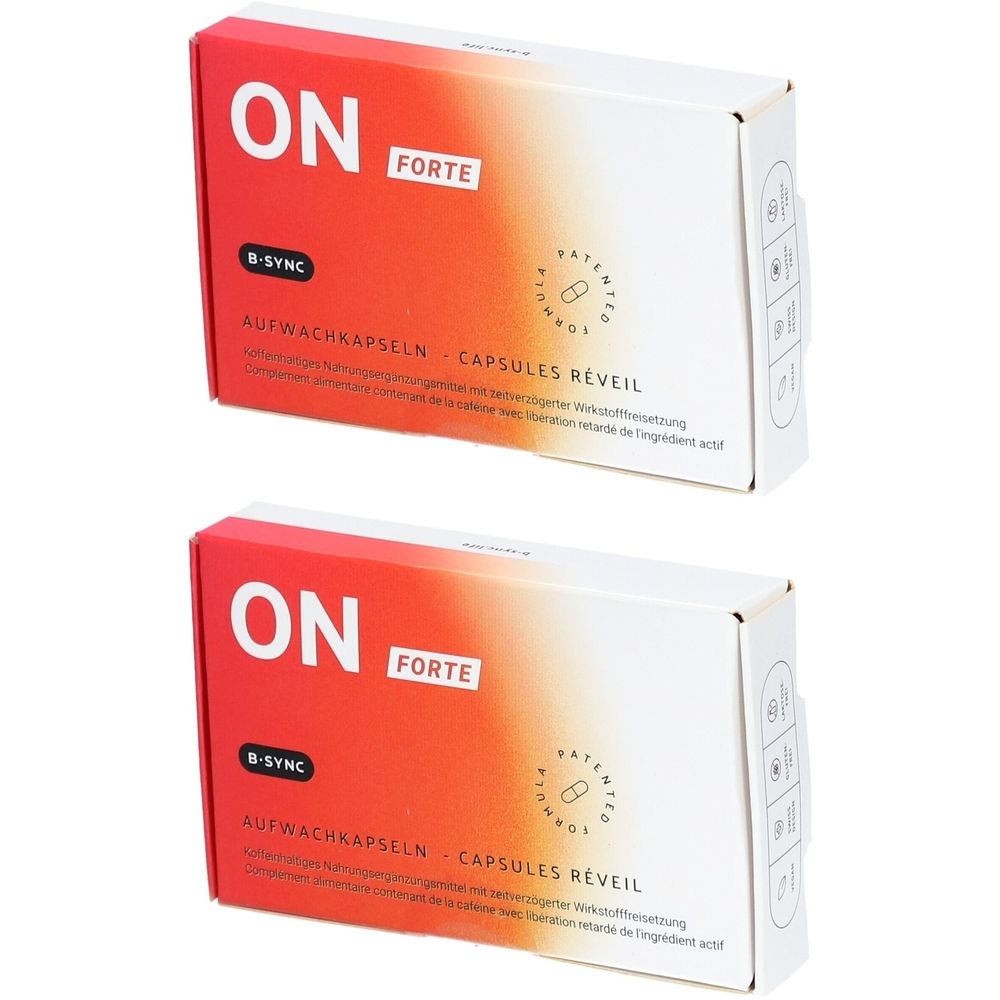 Deux boîtes de gélules "ON FORTE". Inscription : "AUFWACHKAPSELN - CAPSULES RÉVEIL". Dégradé de couleurs blanc-rouge-orange. Logo "B-SYNC".