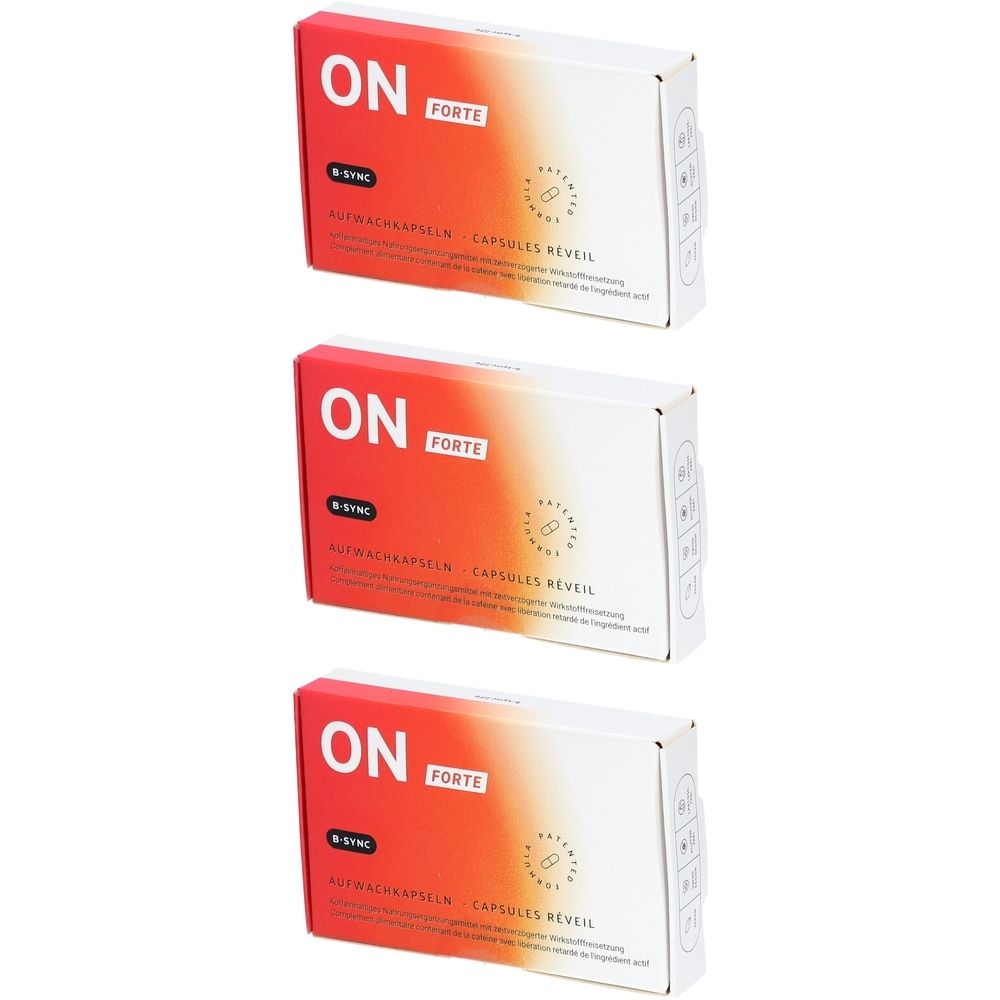 Trois boîtes avec des couleurs rouge et blanche. Inscription: ON FORTE, B-Sync, capsules réveil. Texte en allemand et français.