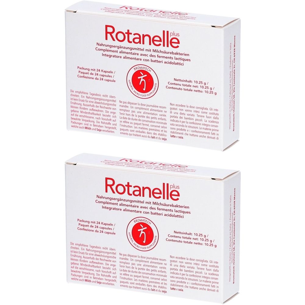 Deux boîtes blanches avec l'inscription rouge Rotanelle plus. Texte en allemand, français, italien et néerlandais. Boîte de 24 gélules.