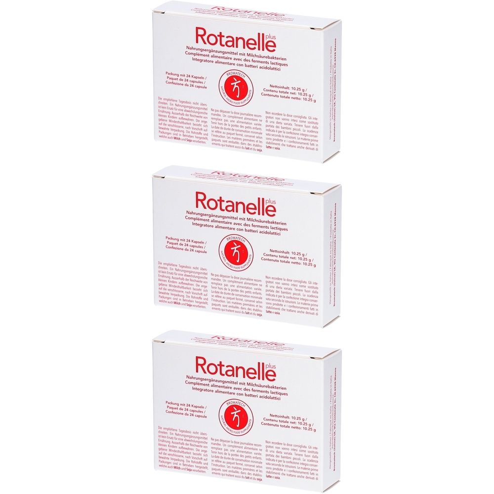 Trois boîtes blanches avec l'inscription rouge Rotanelle. Chaque boîte présente un logo rouge et du texte en plusieurs langues.