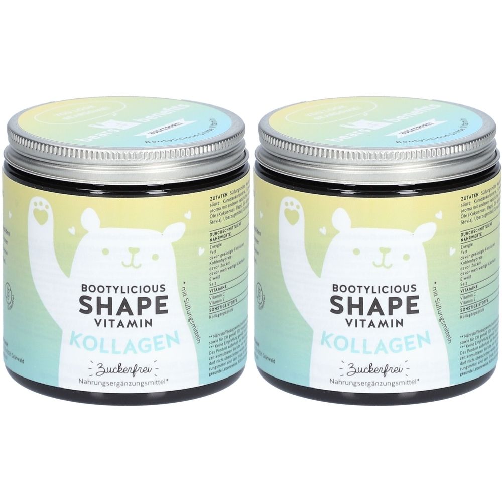 Deux pots avec couvercles à vis. Inscription : Bootylicious Shape Vitamin Kollagen. Sans sucre. Complément alimentaire. Illustration d'un ours.