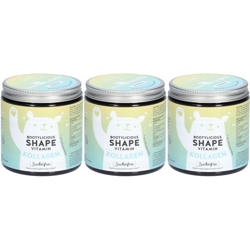 Trois pots avec couvercles. Inscription : Bootylicious Shape Vitamin Kollagen. Sans sucre. Un ours sur chaque pot.