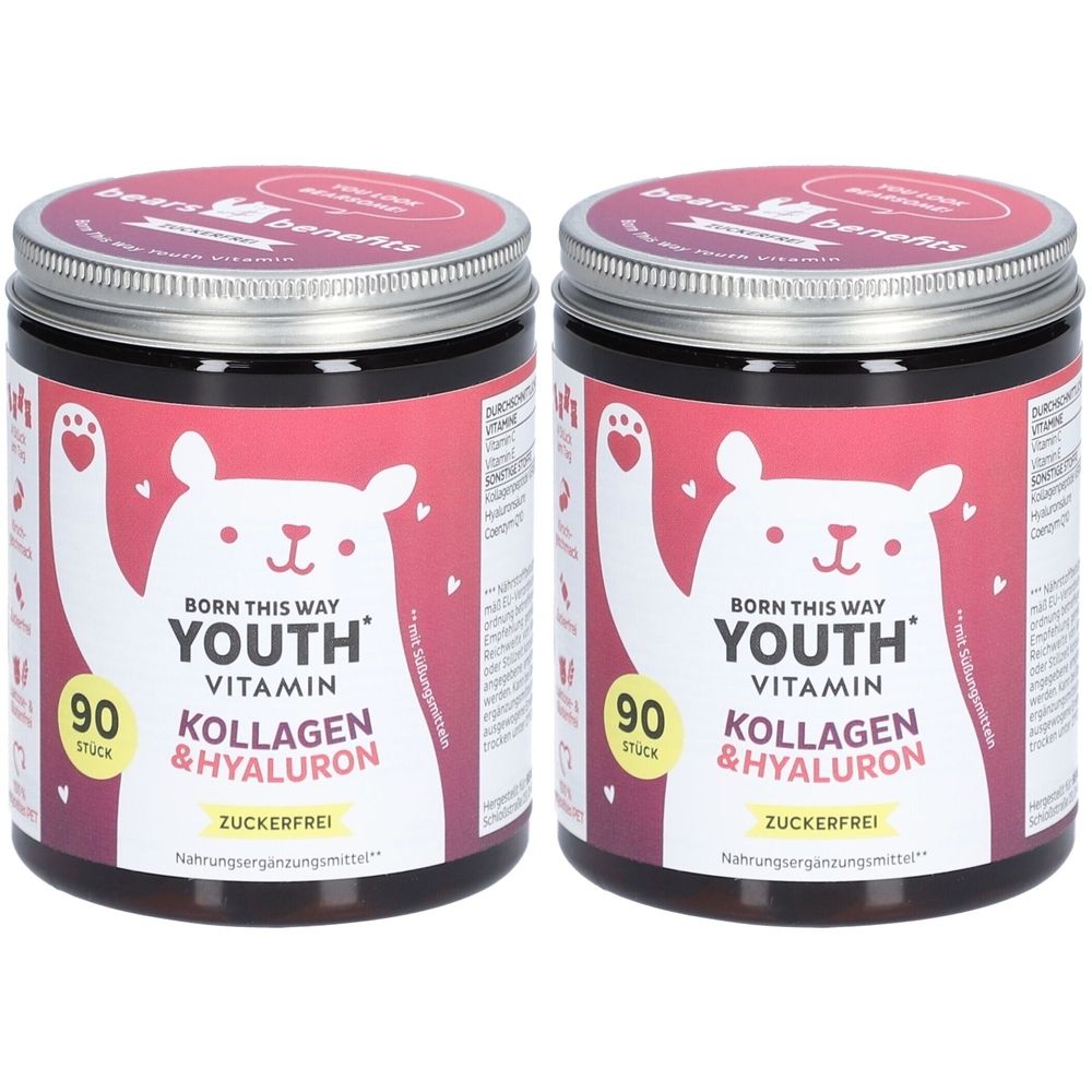 Deux pots avec étiquette rouge. Inscription: Born This Way Youth Vitamin, collagène & hyaluron, sans sucre. 90 pièces.