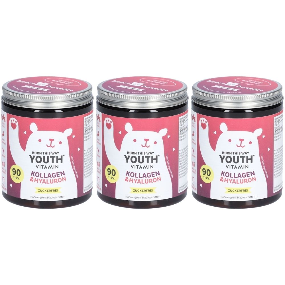 Trois pots de Born This Way Youth Vitamin. Chaque pot affiche un ours, le texte Youth Vitamin, 90 unités, collagène et hyaluron.